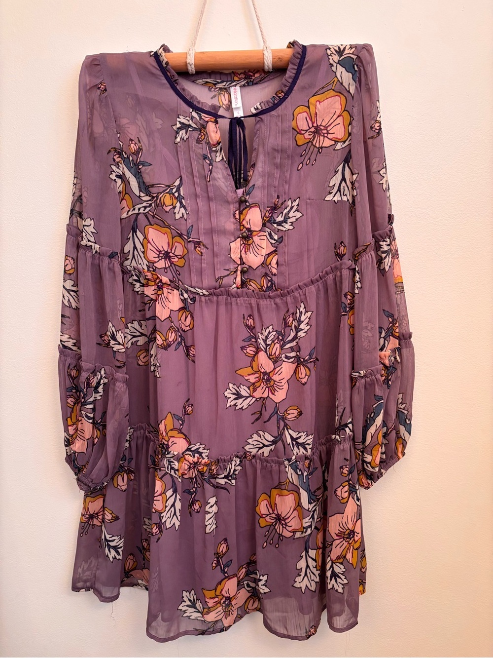 Xhilaration Purple Floral Long Sleeve Tiered Dress
